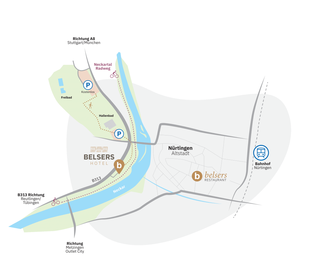 Anfahrtskarte Belsers Hotel Nürtingen mit Neckar, Altstadt, Bahnhof und Radwegen