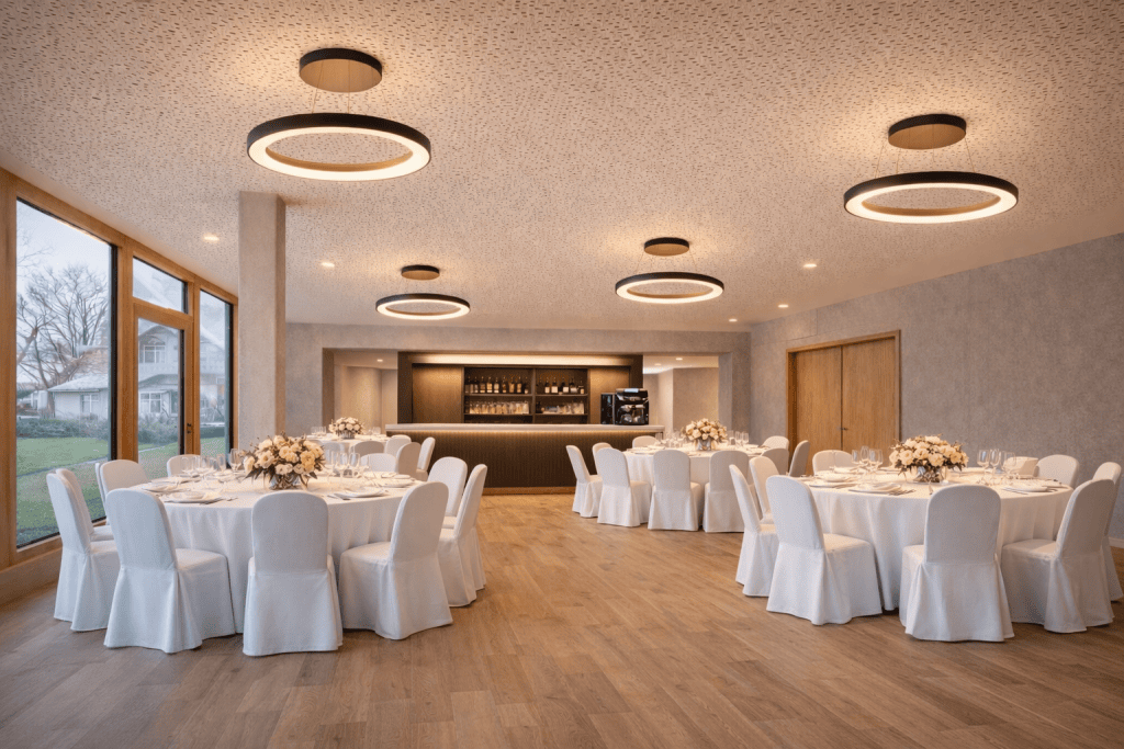 Heller Veranstaltungsraum im Belsers Hotel mit stilvoller Dekoration, großen Fenstern und moderner Beleuchtung, ideal für Events, Feiern und Tagungen.